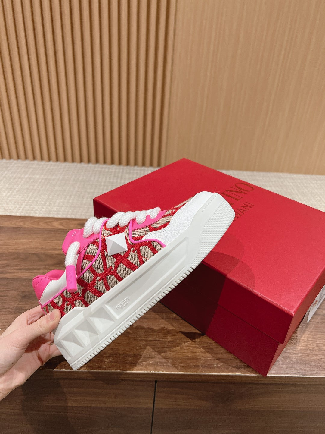 ONE STUD XL LOW-TOP SNEAKER IN NAPPA LEATHER AND TOILE ICONOGRAPHE FABRIC