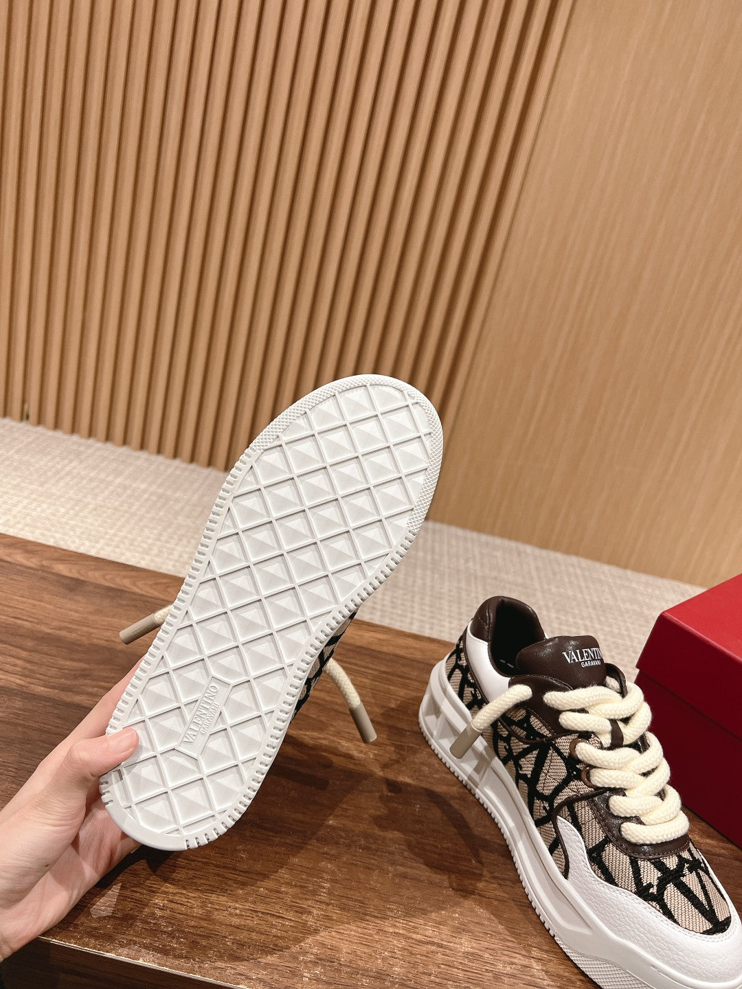 ONE STUD XL LOW-TOP SNEAKER IN NAPPA LEATHER AND TOILE ICONOGRAPHE FABRIC