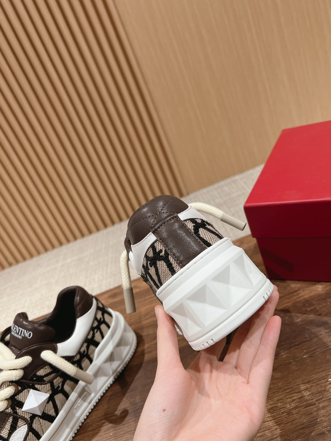 ONE STUD XL LOW-TOP SNEAKER IN NAPPA LEATHER AND TOILE ICONOGRAPHE FABRIC