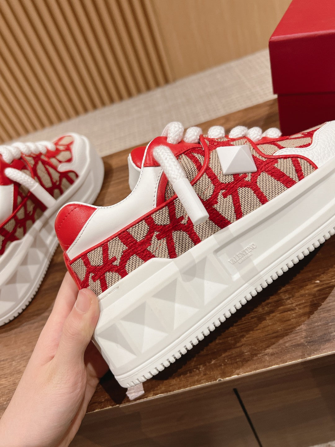 ONE STUD XL LOW-TOP SNEAKER IN NAPPA LEATHER AND TOILE ICONOGRAPHE FABRIC