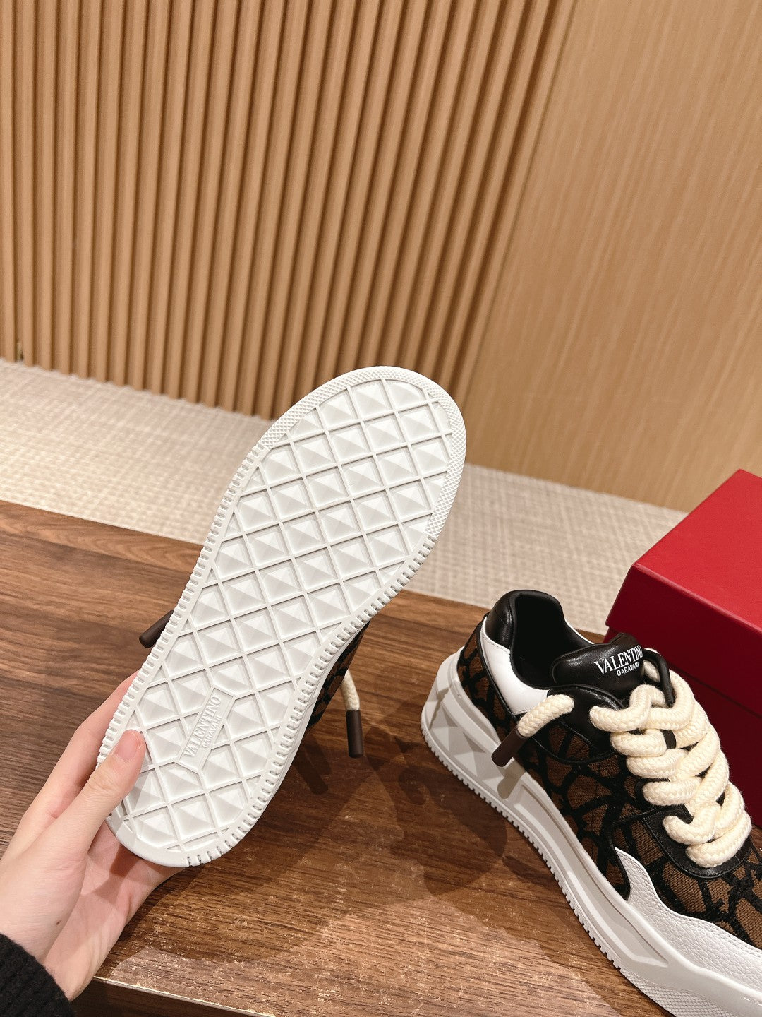 ONE STUD XL LOW-TOP SNEAKER IN NAPPA LEATHER AND TOILE ICONOGRAPHE FABRIC
