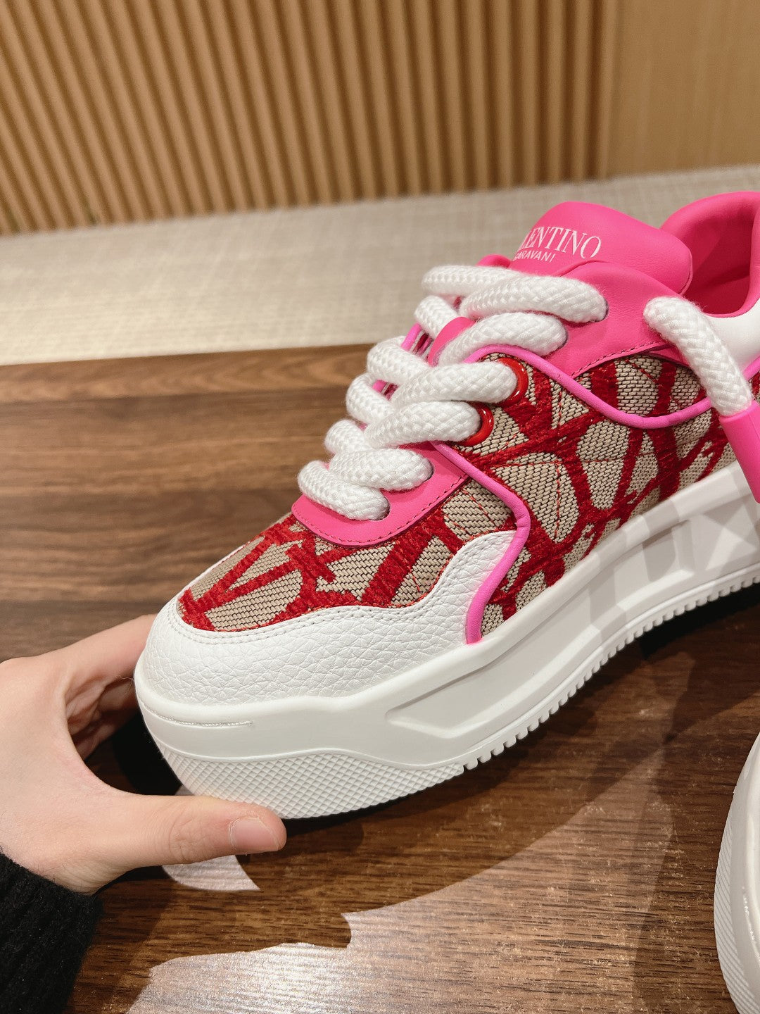 ONE STUD XL LOW-TOP SNEAKER IN NAPPA LEATHER AND TOILE ICONOGRAPHE FABRIC