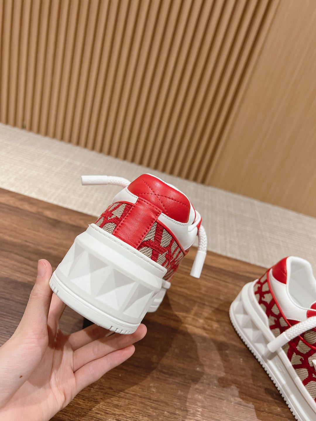 ONE STUD XL LOW-TOP SNEAKER IN NAPPA LEATHER AND TOILE ICONOGRAPHE FABRIC