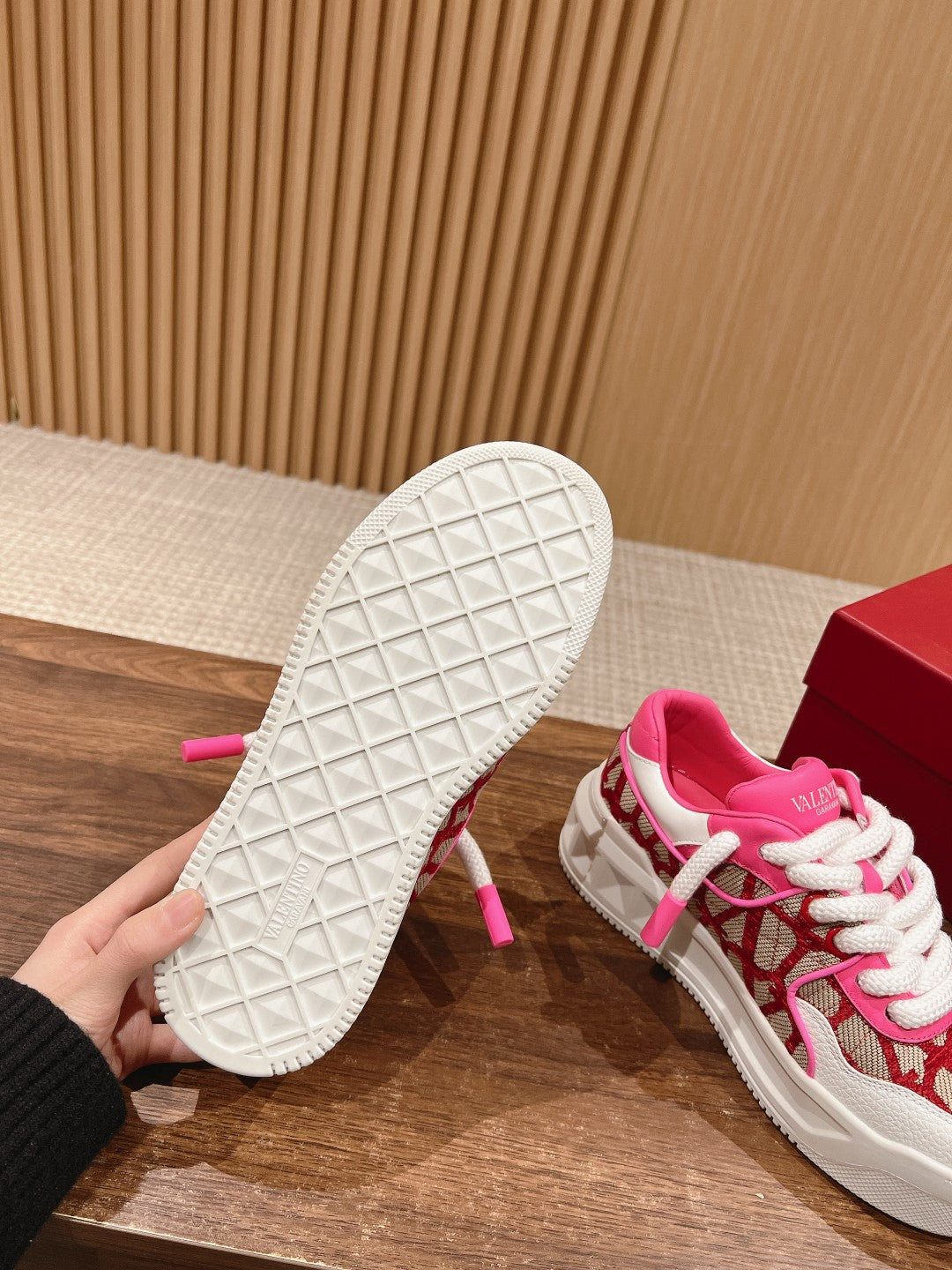 ONE STUD XL LOW-TOP SNEAKER IN NAPPA LEATHER AND TOILE ICONOGRAPHE FABRIC