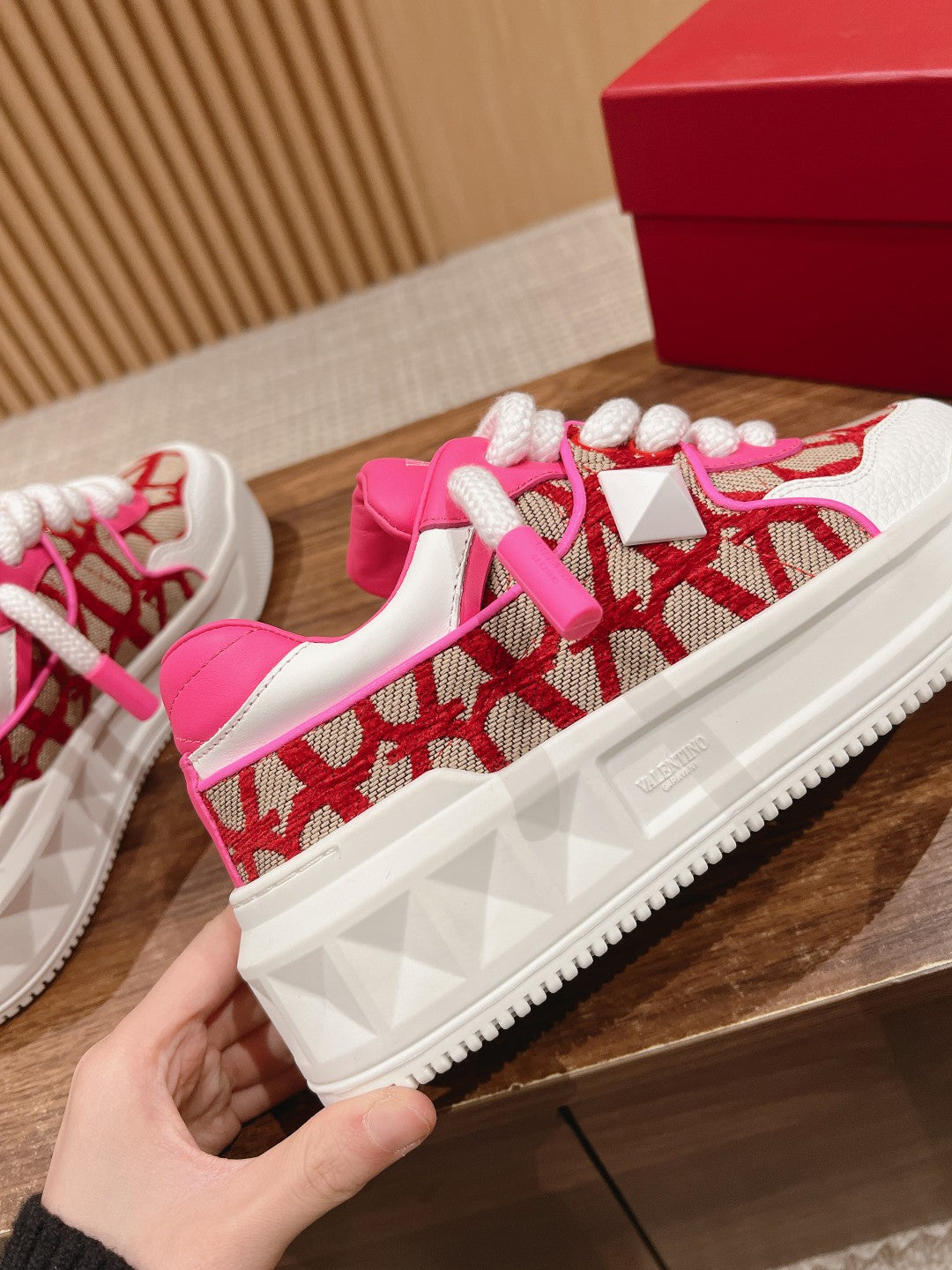 ONE STUD XL LOW-TOP SNEAKER IN NAPPA LEATHER AND TOILE ICONOGRAPHE FABRIC